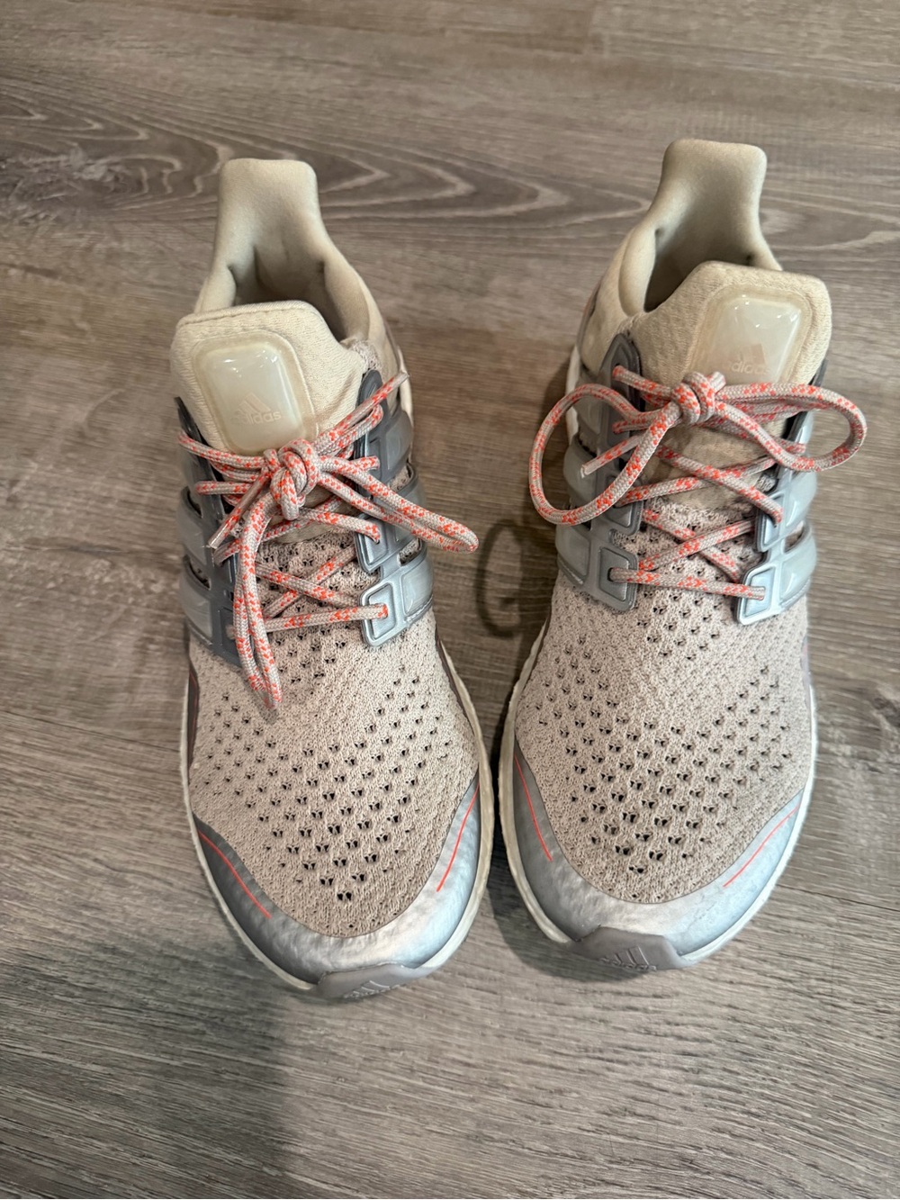 adidas Beige Knit Athletic Shoes with Coral Accent Laces